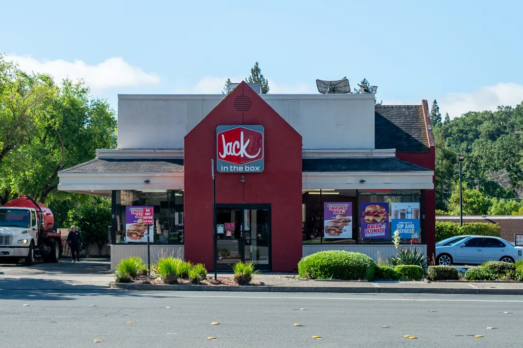 Facade of a Jack in the Box fast food restaurant in Lafayette, California.
