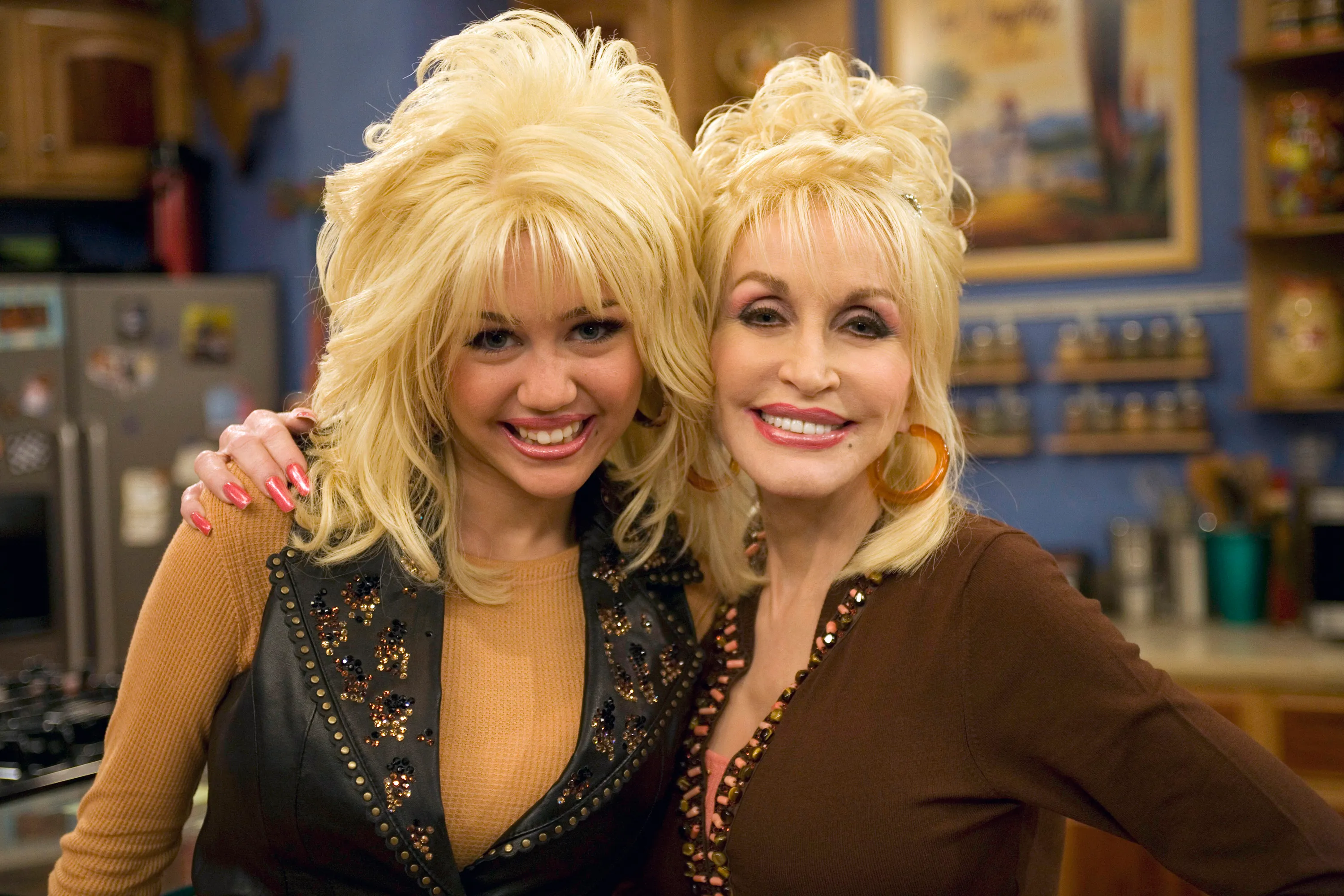 Miley Cyrus and Dolly Parton on the set of Hannah Montana.