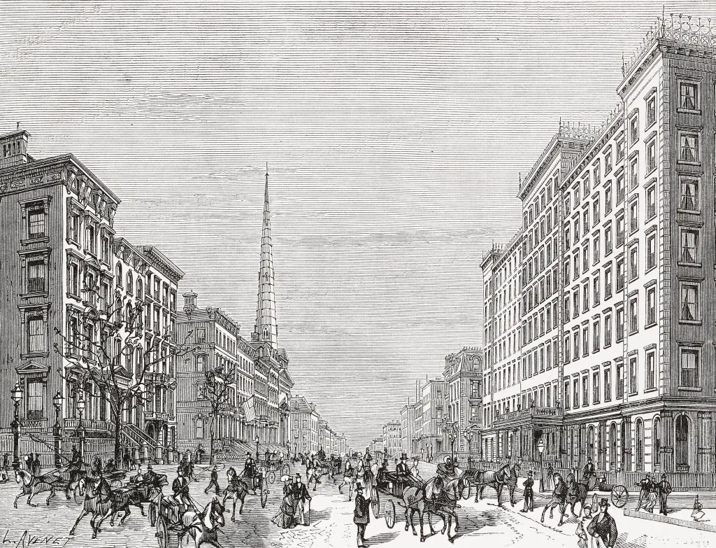 Illustration of Fifth Avenue in New York City with horse-drawn carriages and pedestrians.