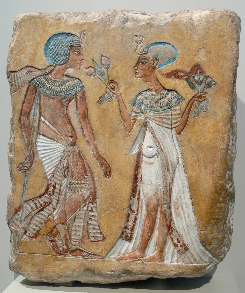 Relief of an Egyptian royal couple in Amarna style, possibly Akhenaten and Nefertiti.