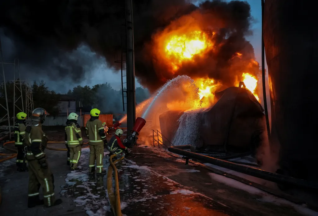 Firefighters work at the site of a Russian drone strike in the Kyiv region of Ukraine on Sept. 5, 2026.