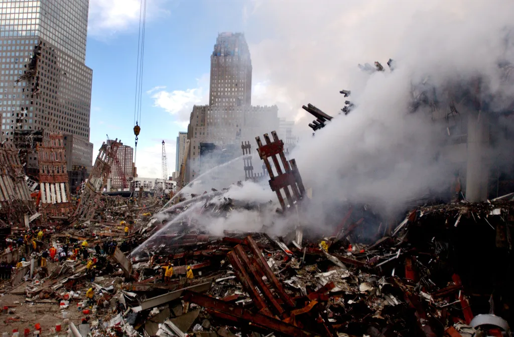 Fires still burn amidst the rubble of the World Trade Center on Sept. 13, 2001. The destruction comes days after the Sept. 11, 2001 terrorist attack.