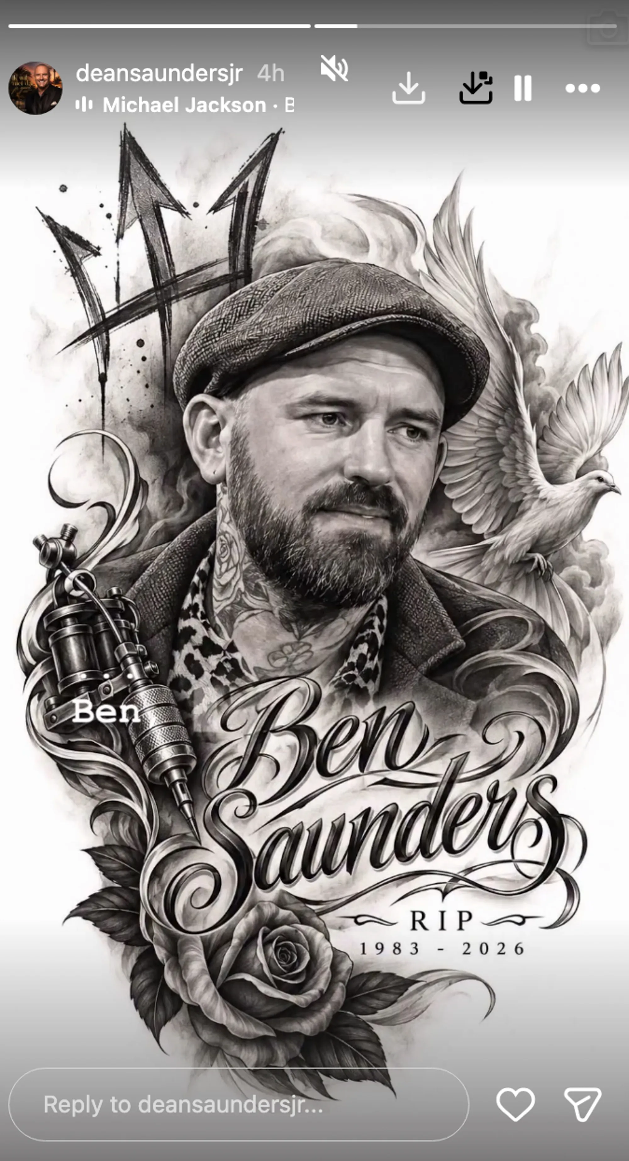 Illustration of Ben Saunders with a tattoo gun, a dove, and roses, with the text 