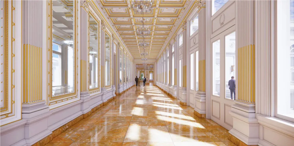 Illustration of the interior of the new Ballroom at the White House, featuring a long, grand hall with white and gold decor, chandeliers, and people walking.