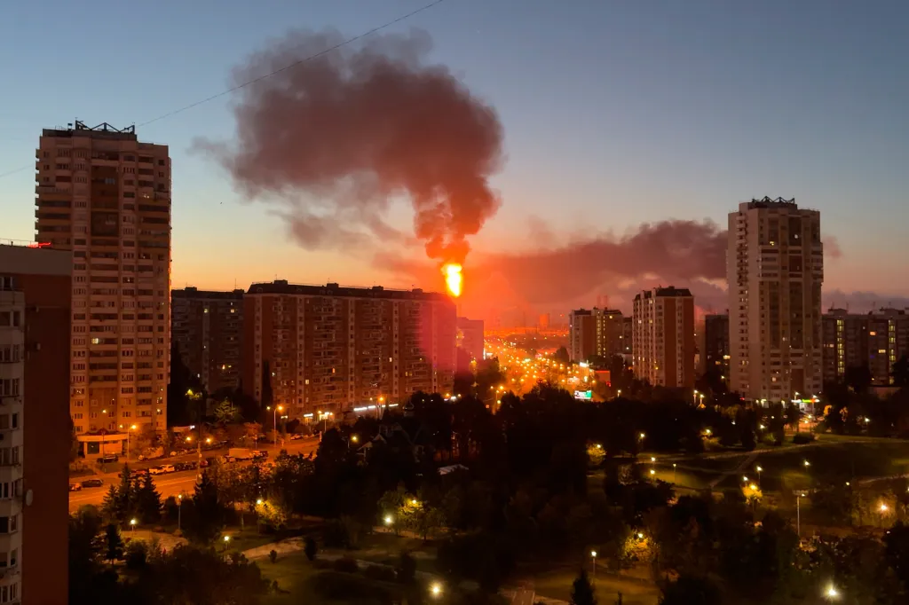 Flame and smoke rise from Moscow's oil refinery in the southeast of the city.