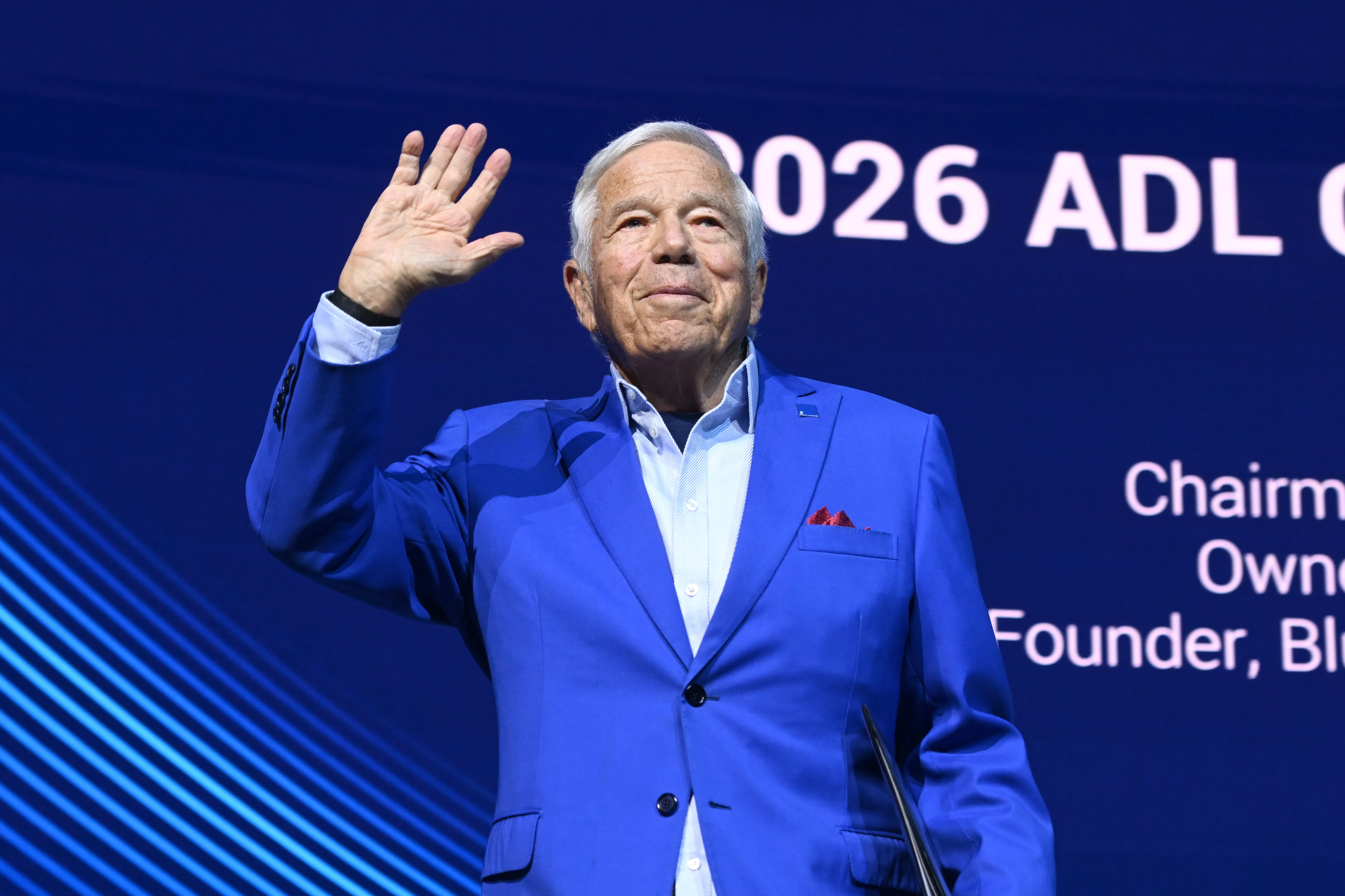 Robert Kraft speaking onstage at the ADL Never Is Now Summit.