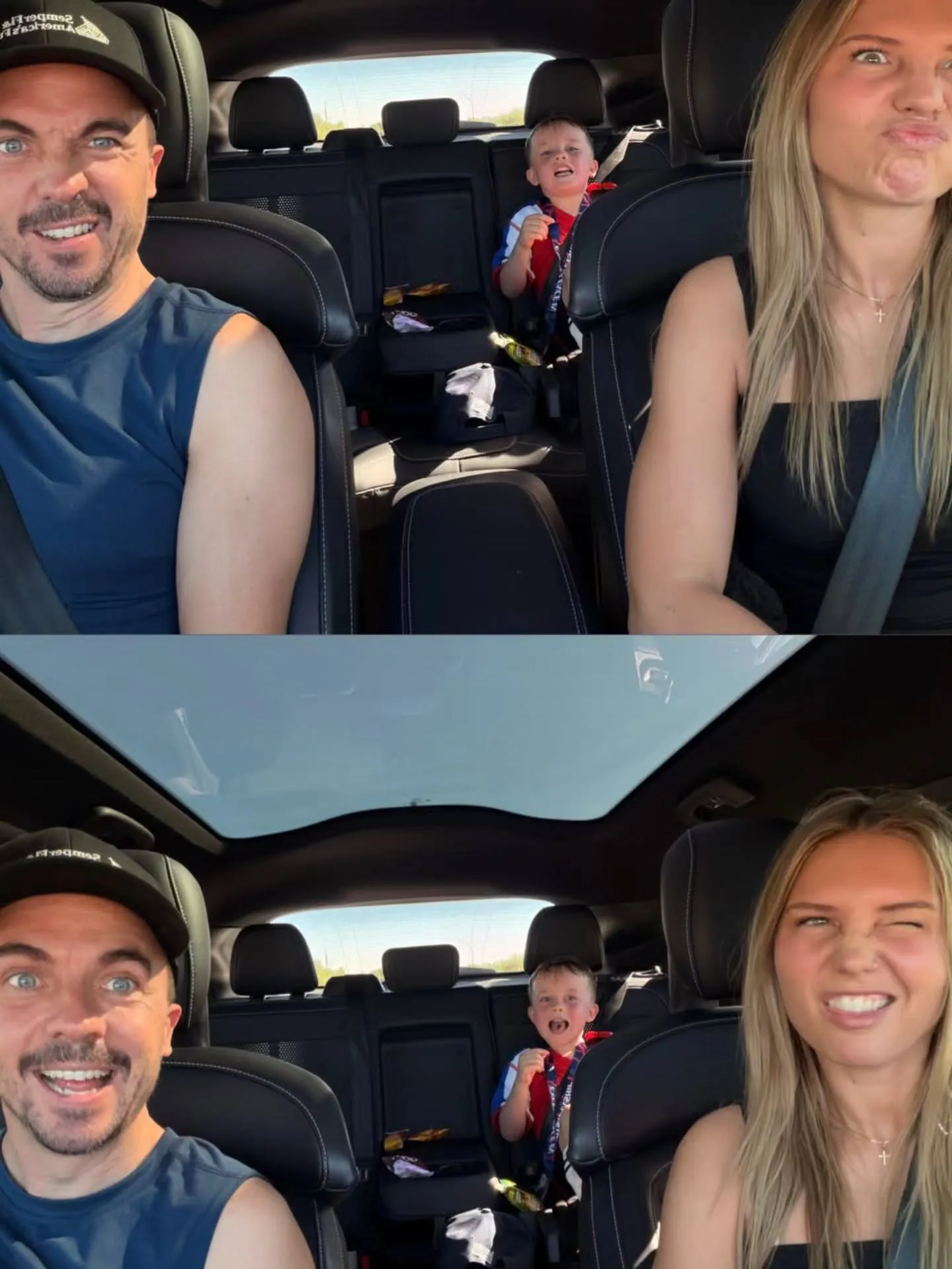 Collage of Frankie Muniz, Paige Price, and their son in a car, making silly faces.