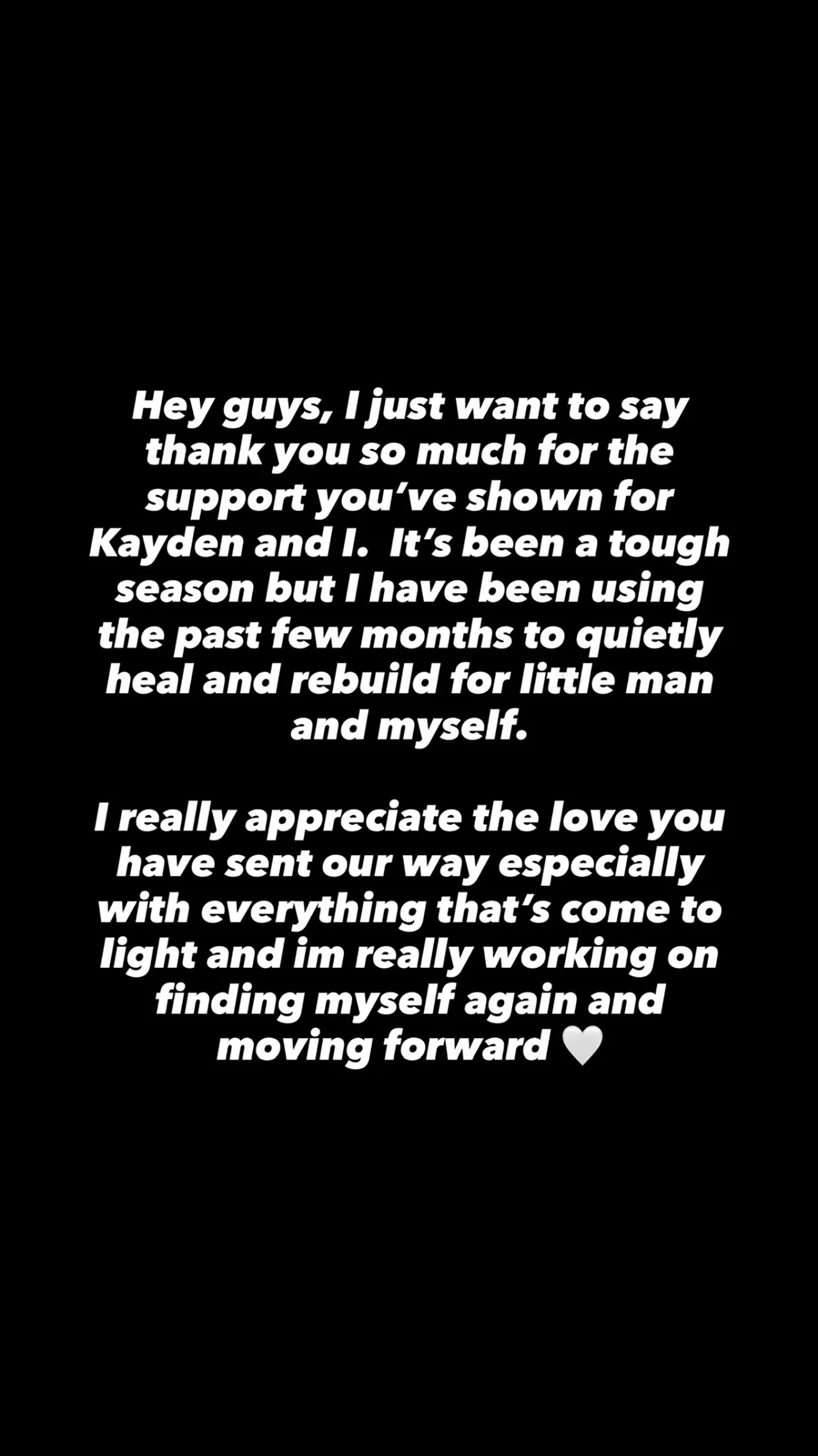Gael Cameron's message thanking fans for their support for herself and Kayden, and explaining she is healing and rebuilding for herself and her son.