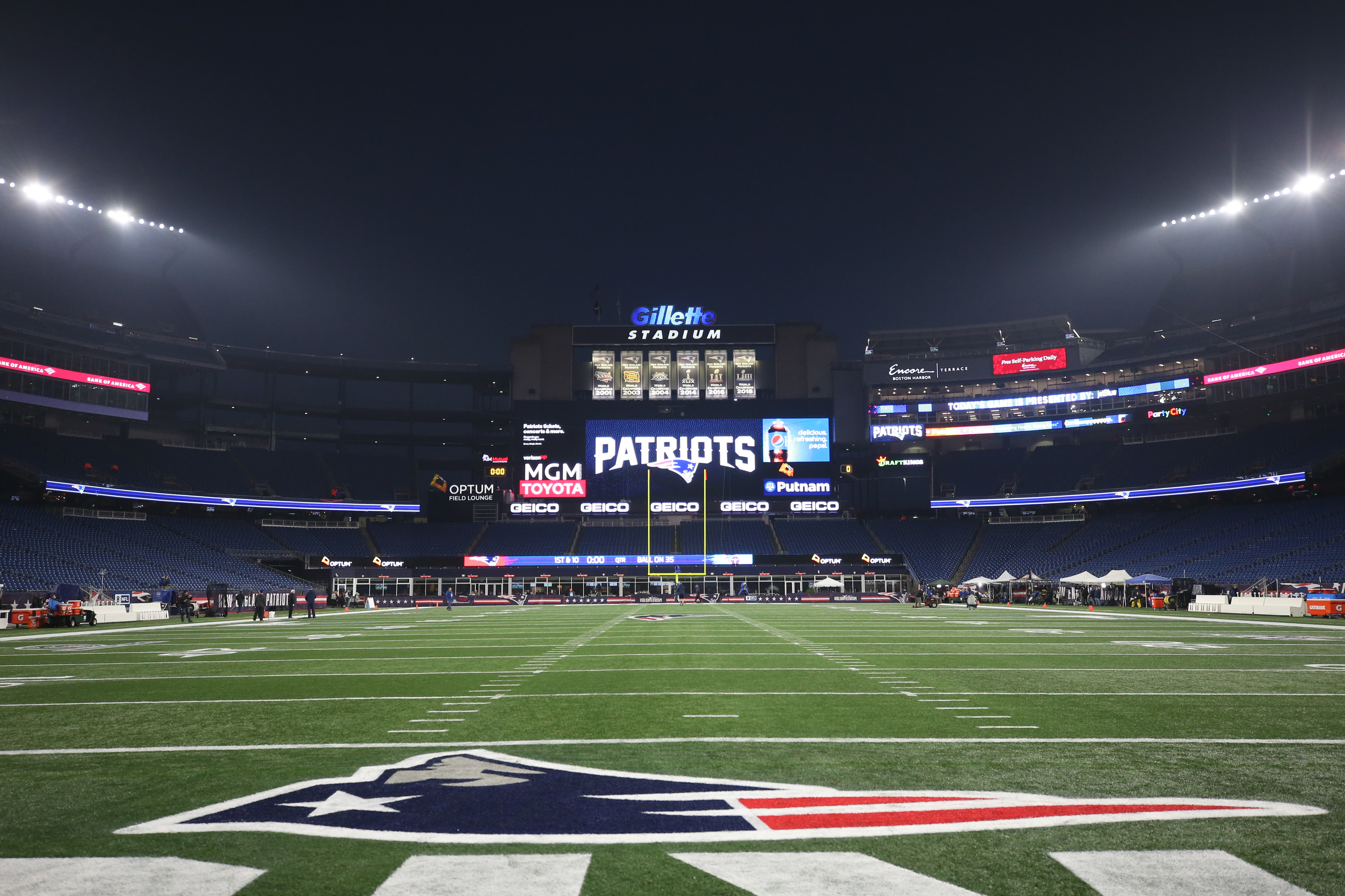 General view of the Gillette Stadium end zone during warm-up for an AFC Wild Card Playoff game.