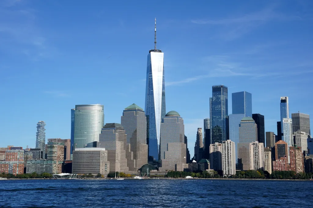 The Lower Manhattan skyline and the World Trade Center with the World Financial Center from Jersey City.