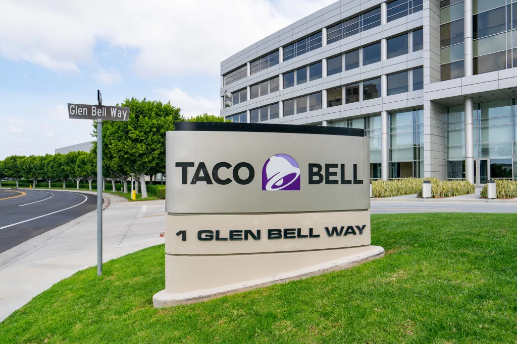 Taco Bell corporate headquarters sign at 1 Glen Bell Way in Irvine, California.