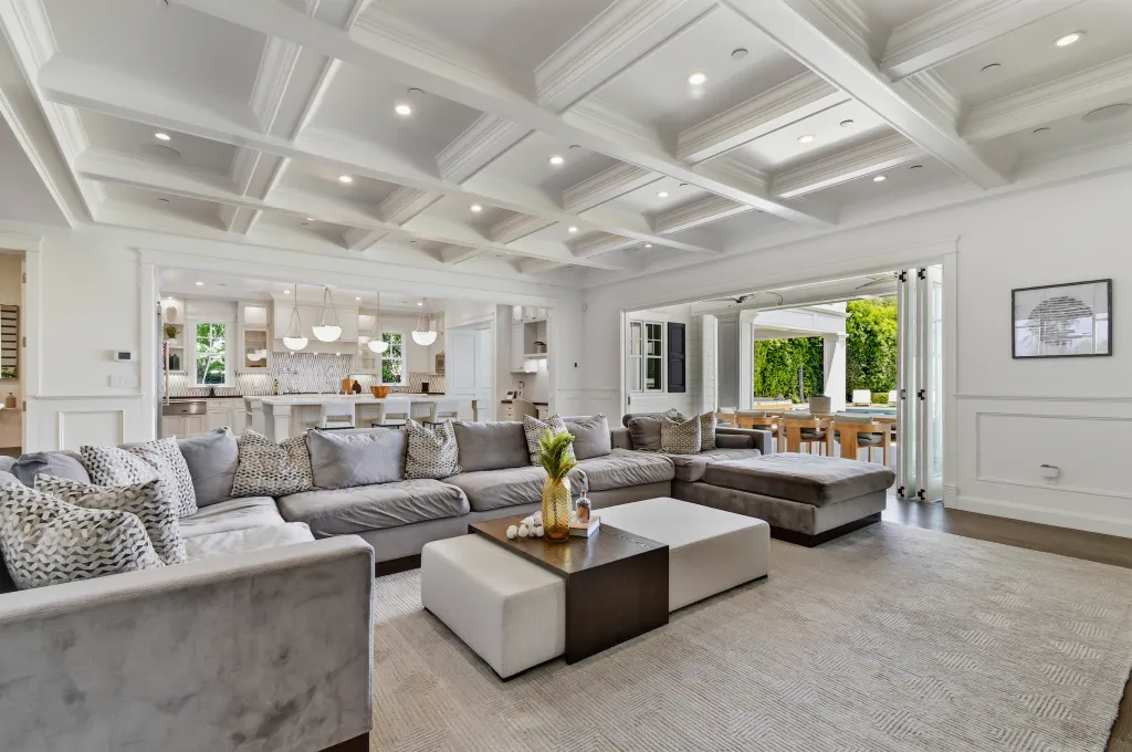 The coffered ceiling living room is made for lounging -- and entertaining 