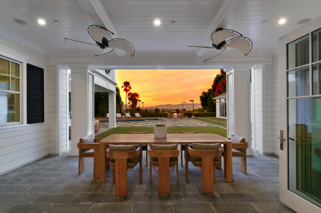 A dining area features gorgeous views