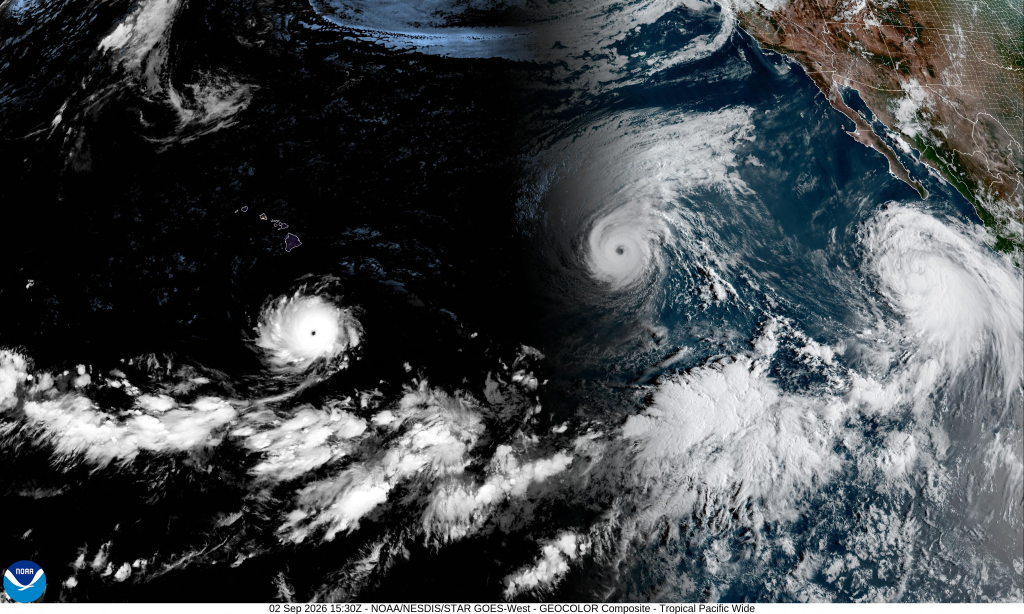 Satellite image showing Hurricane Lowell, Hurricane Karina, and Tropical Storm Marie over the Pacific Ocean.