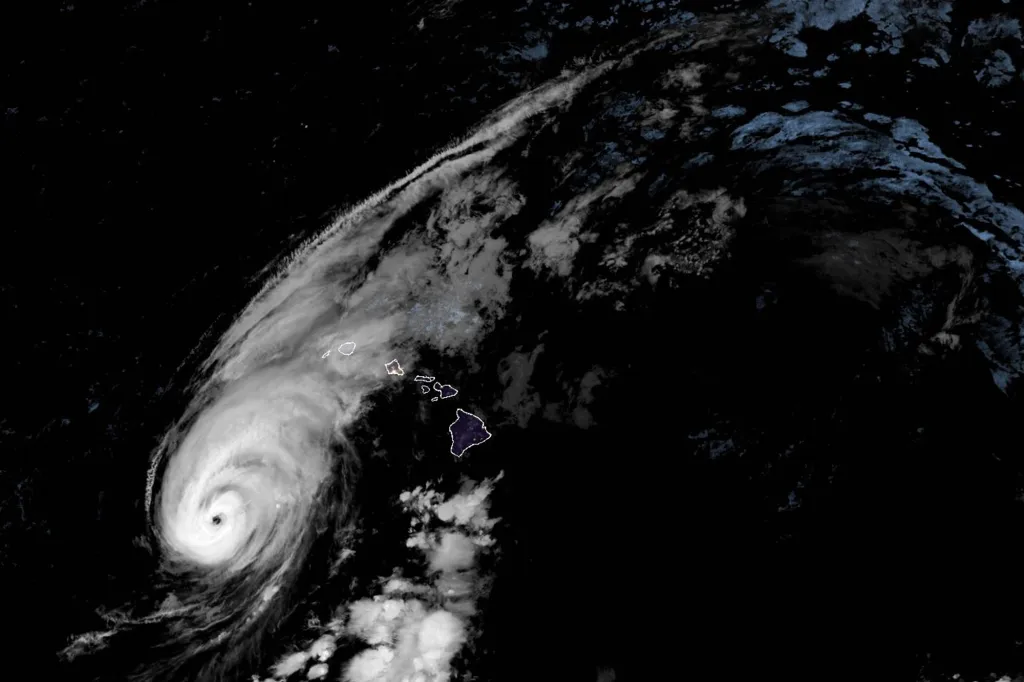 Satellite image showing Hurricane Lowell and Hurricane Marie over the Pacific Ocean.