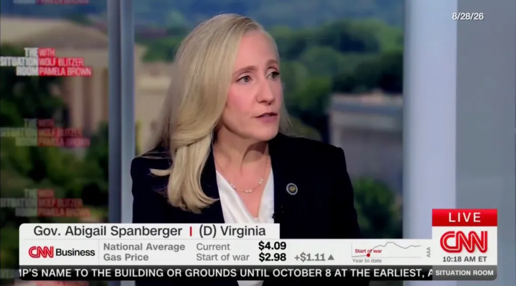 Virginia Gov. Abigail Spanberger appears on CNN with Wolf Blitzer talking about mail-in ballots on Aug. 28, 2026.