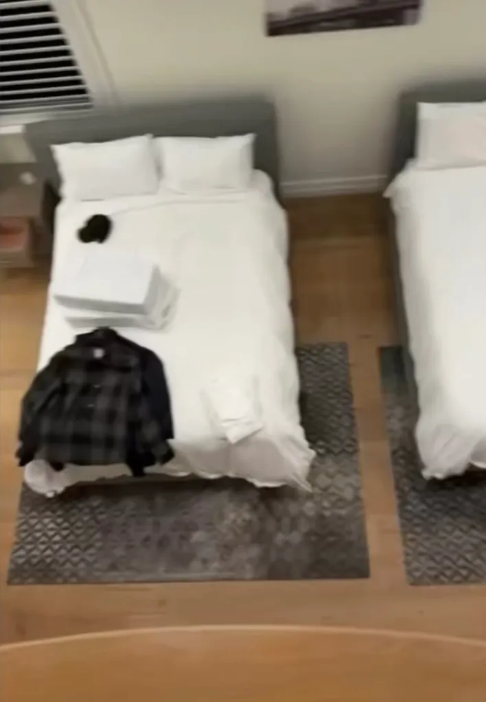 An overhead view of a room with two twin beds dressed in white linens, each set on a patterned grey rug over a wooden floor.