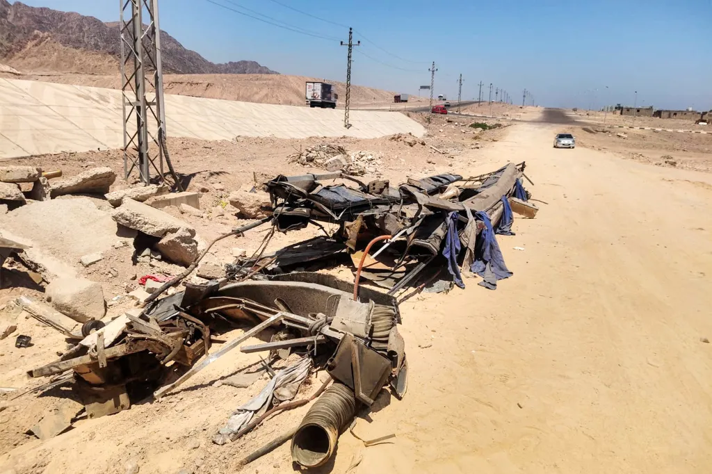 Wreckage of a passenger bus on the Dahab-Nuweiba road in Egypt's South Sinai province.