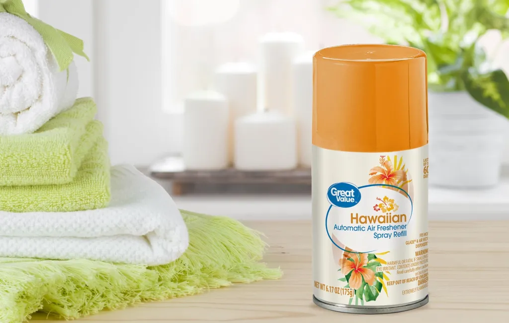 A photo of a can of Great Value Hawaiian Automatic Air Freshener.