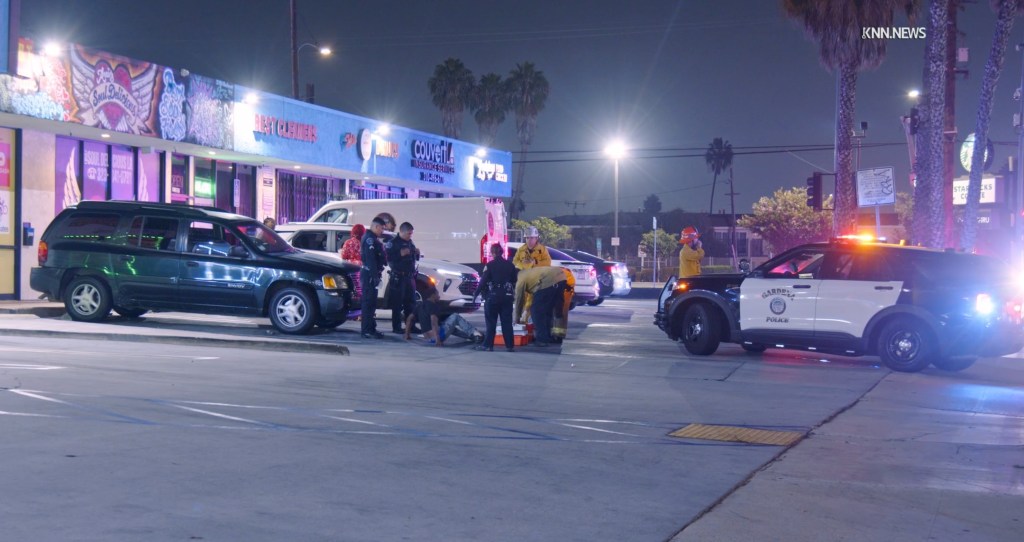 Multiple law enforcement agencies, including Gardena Police, respond to a shooting incident at Crenshaw Boulevard and Rosecrans Avenue in Hawthorne, California.
