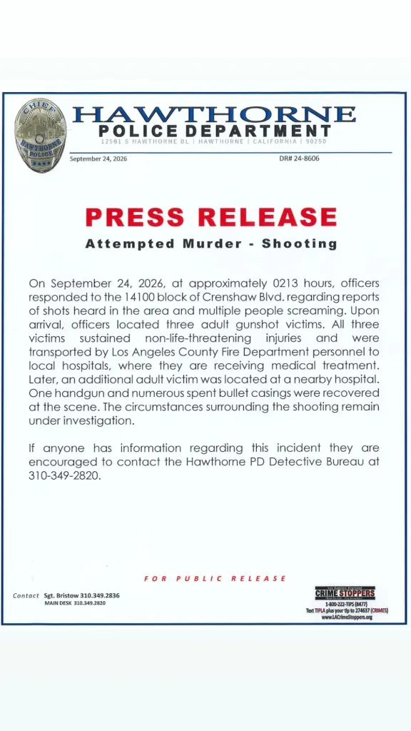 Press Release from Hawthorne Police Department about an attempted murder and shooting on September 24, 2026.