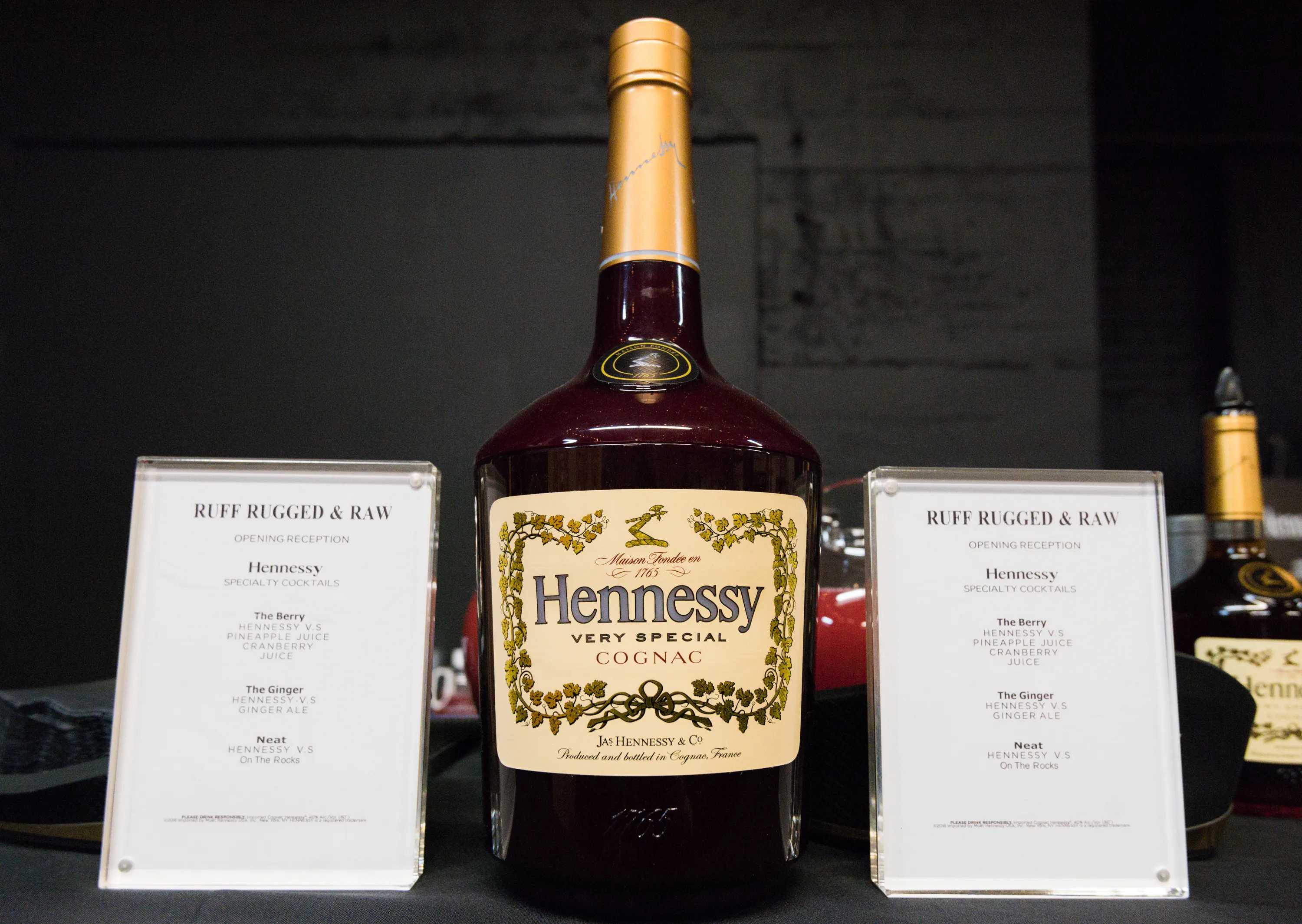 A Hennessy bottle displayed at the Ruff Rugged & Raw Reception.