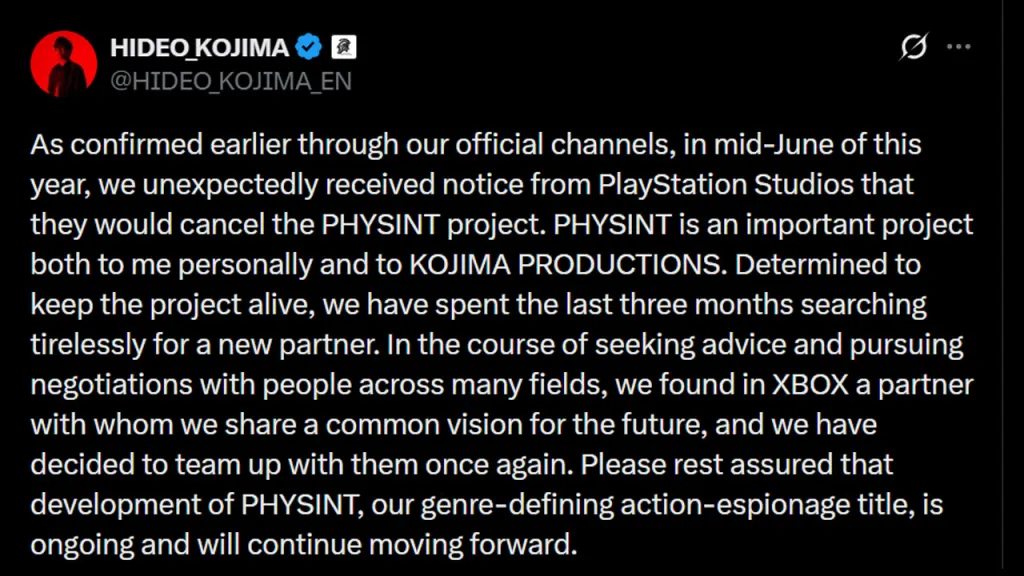 Hideo Kojima Responds to PlayStation over PHYSINT