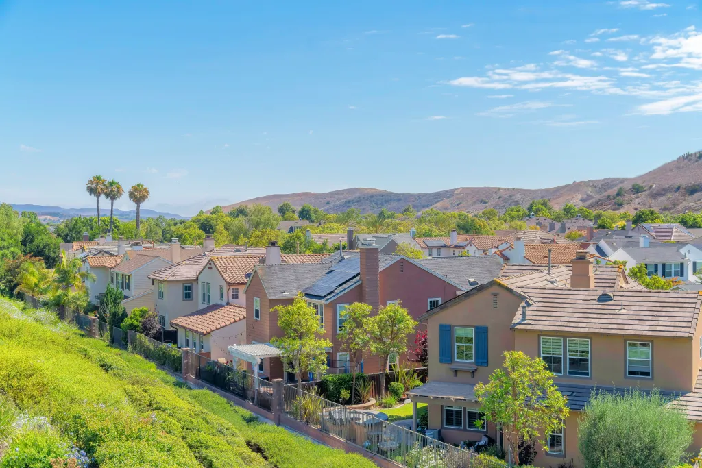 High-angle view of houses in Ladera Ranch, Southern California.