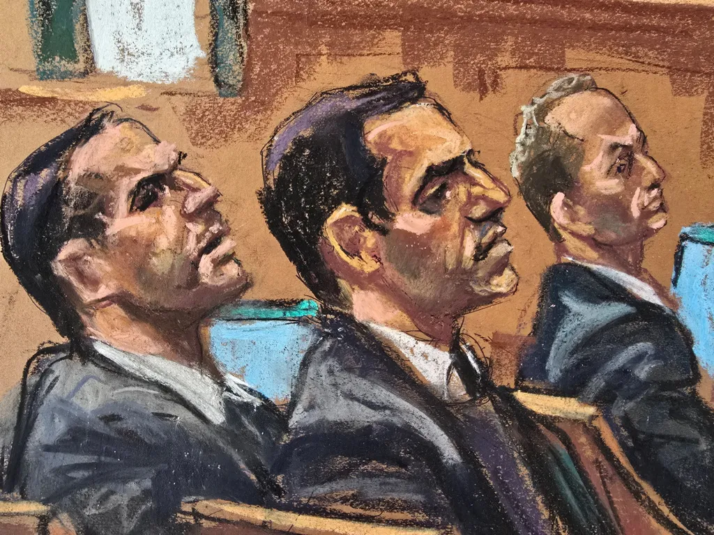 Real estate agent brothers Alon Alexander, Oren Alexander, and Tal Alexander are depicted in a courtroom sketch during their federal sex trafficking trial on Wednesday, March 4, 2026, in New York City.