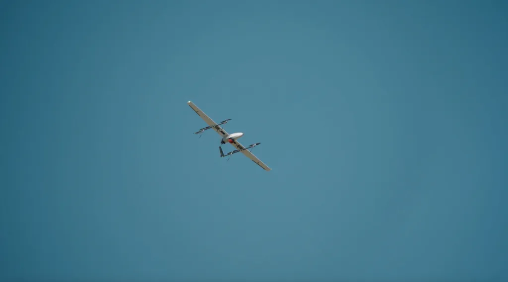 A white wildfire-hunting drone with an orange camera flies against a clear blue sky.