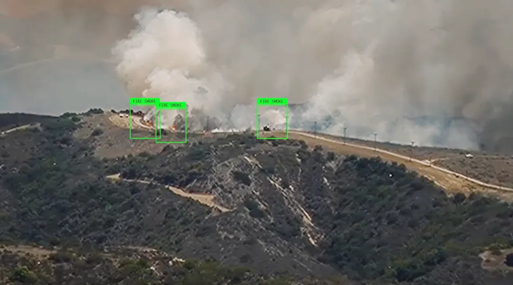 A drone's thermal vision of a wildfire, highlighting