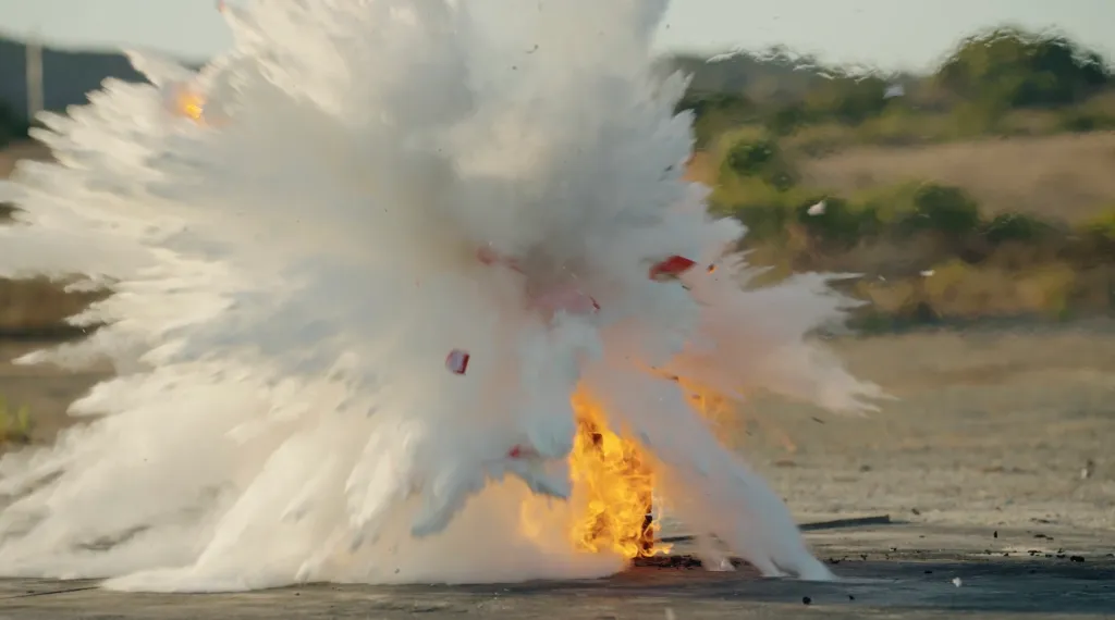 An explosion of white smoke and orange flames erupts from the ground.