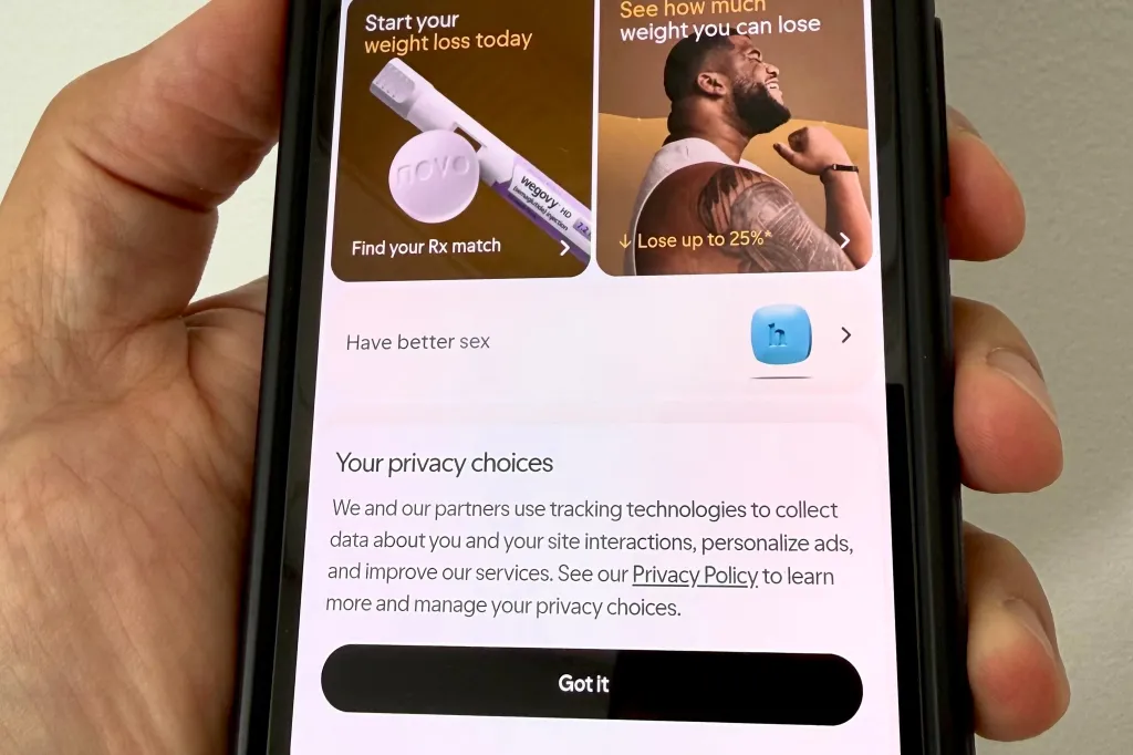 A smartphone displays the Hims website with options for weight loss and sexual health, and a privacy choices pop-up.
