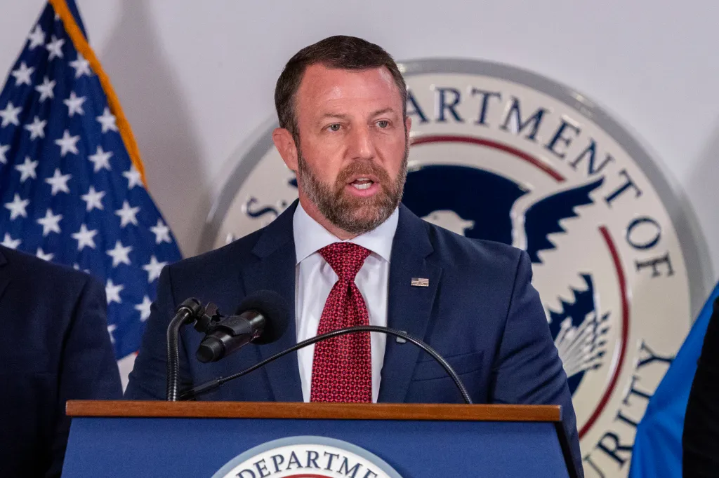 Homeland Security Secretary Markwayne Mullin speaks at a news conference in New York.