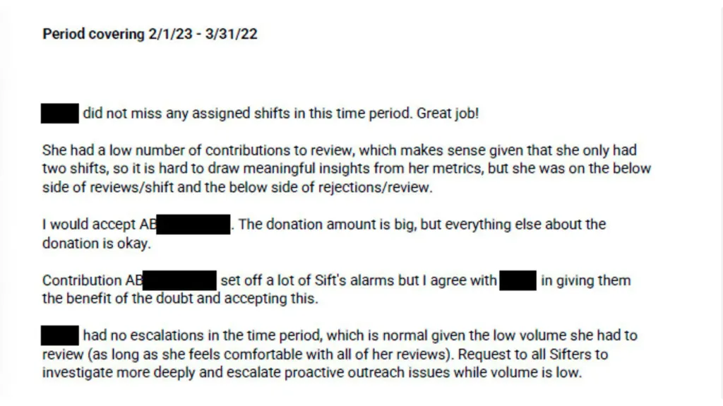 A document reviewing an employee's work performance on shifts and contributions.