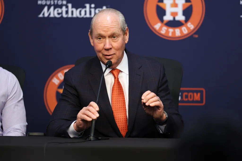 Houston Astros owner Jim Crane speaks at a press conference.