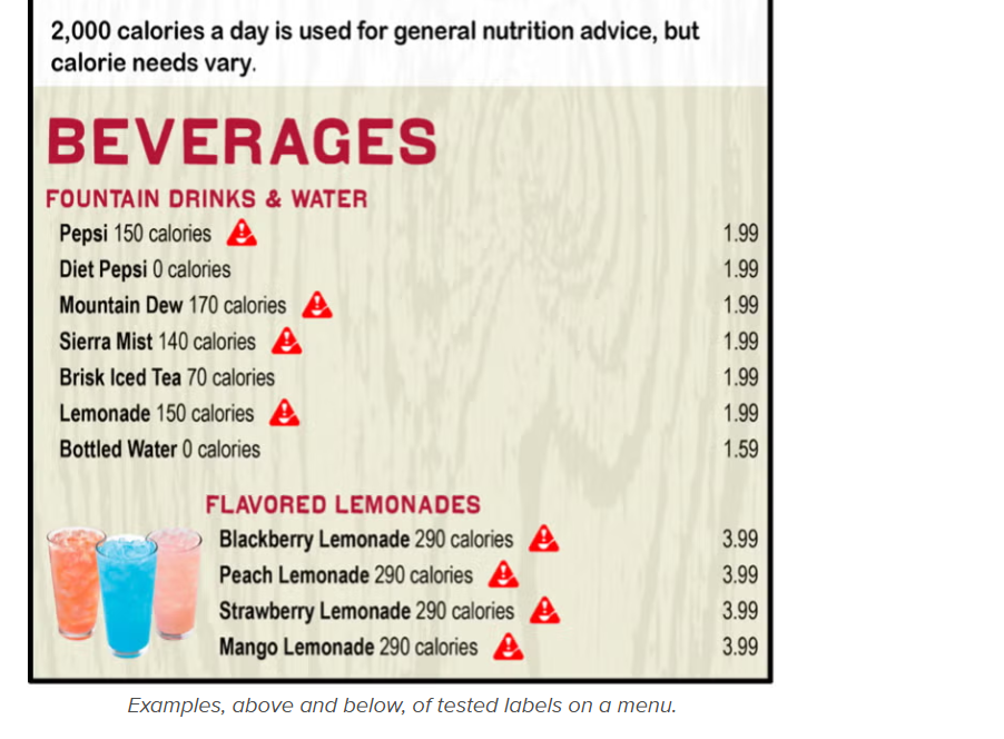 A restaurant menu for beverages, featuring a sugar warning label at the top and red warning icons next to items with high sugar content.
