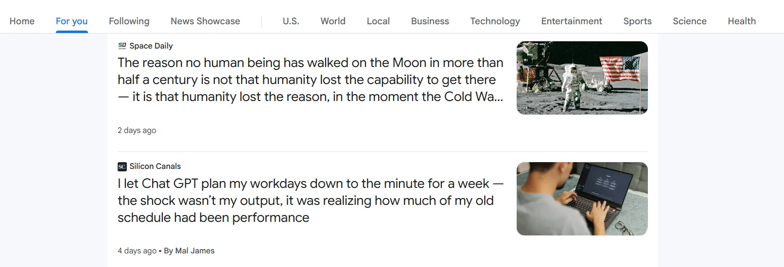 Screenshot of Google News showing articles by by the Brown Brothers Media publications Space Daily and Silicon Canals at the very top of Google News' 