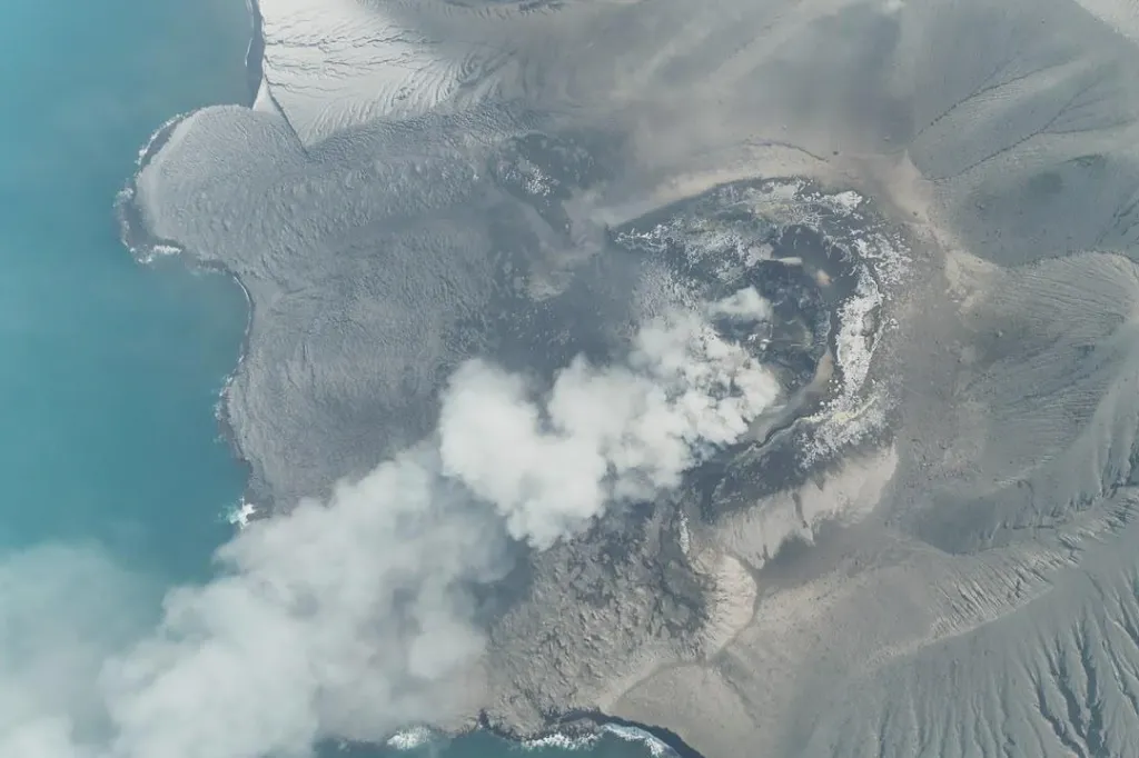 Mount Anak Krakatau spews volcanic smoke into the Sunda Strait.