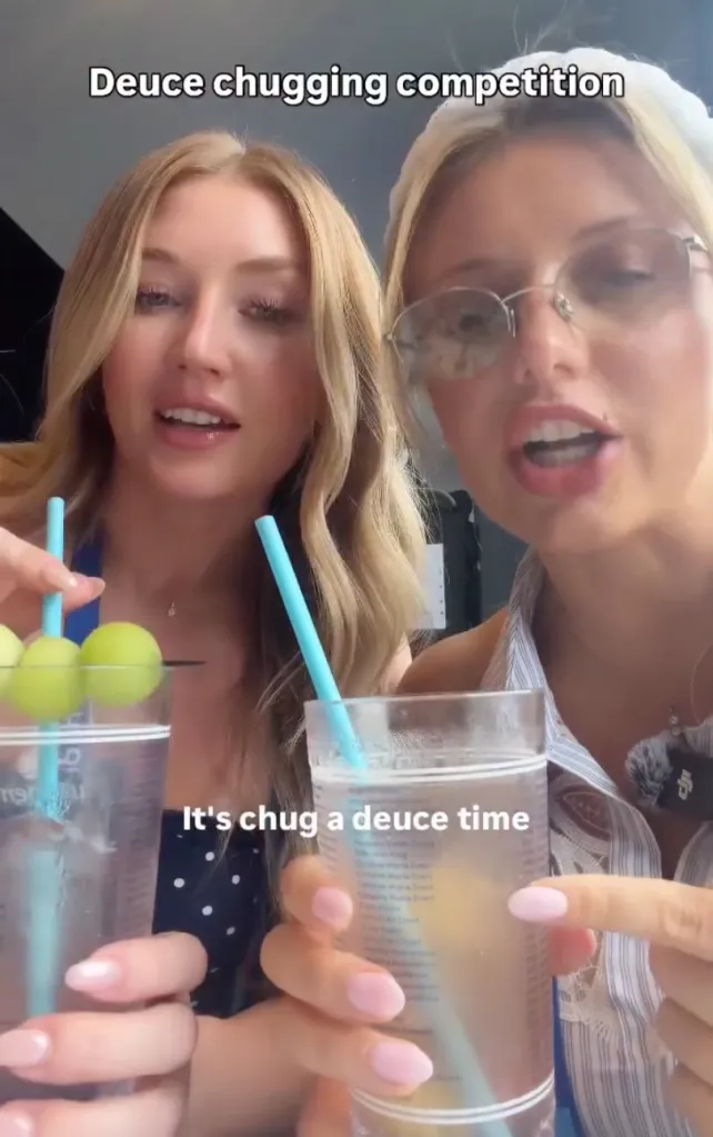 Two women holding drinks with the text