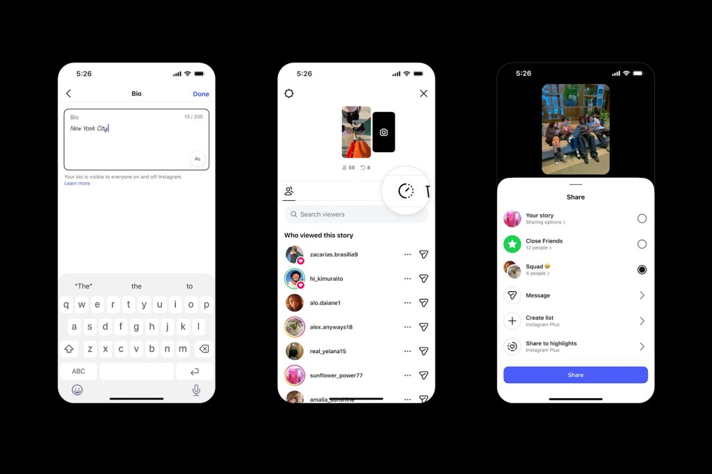 Illustration of three Instagram screens showing bio editing, story viewers, and story sharing options.
