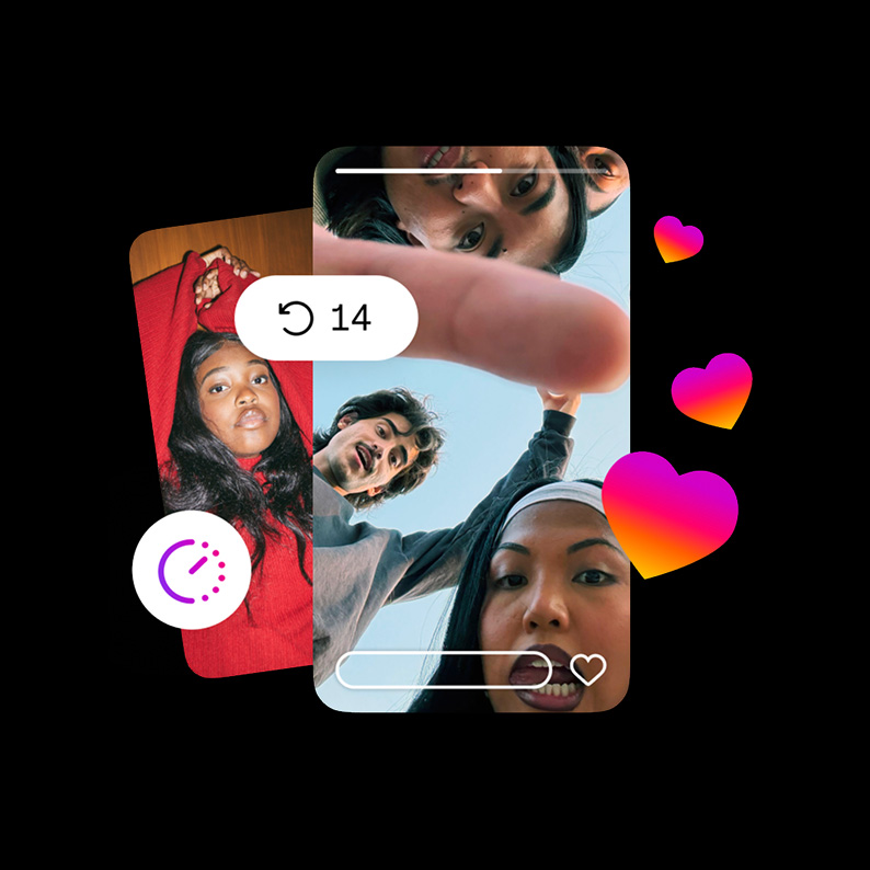 Illustration of Instagram features including a 14-second story, a timer, and hearts indicating likes.