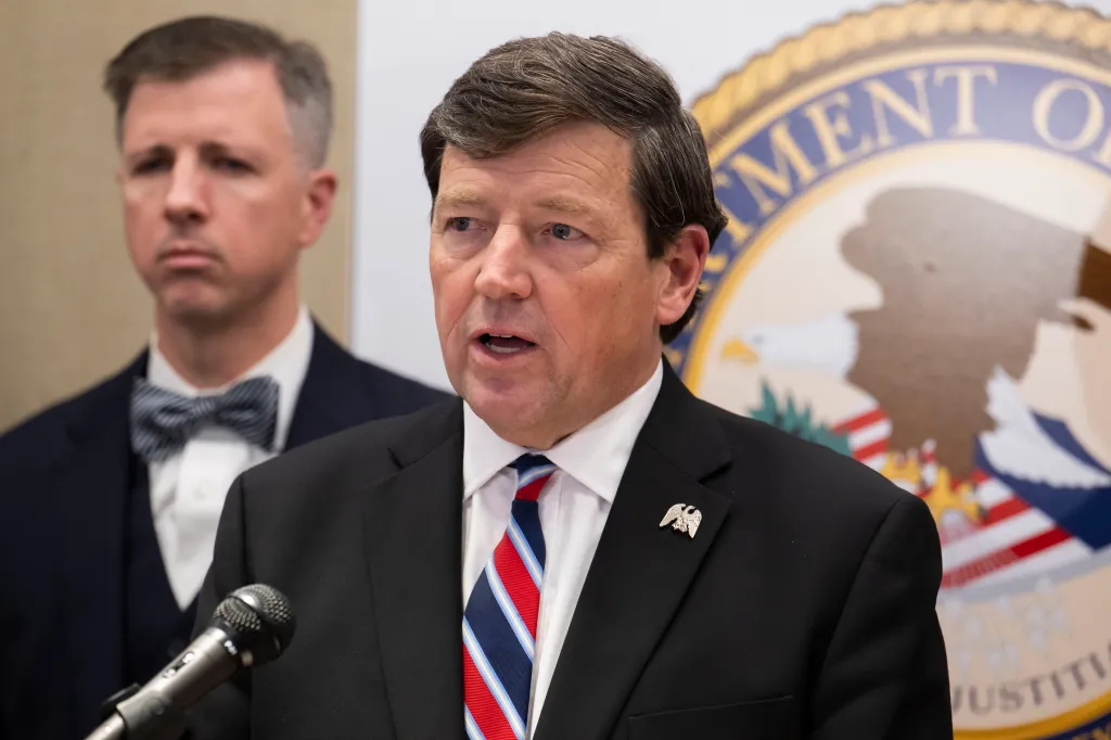 Interim U.S. attorney for the District of Columbia Ed Martin speaking at a press conference.