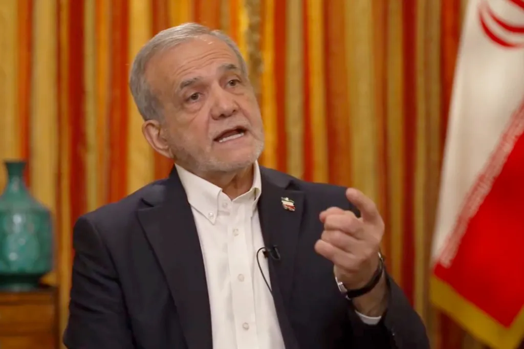 Iranian President Masoud Pezeshkian being interviewed.