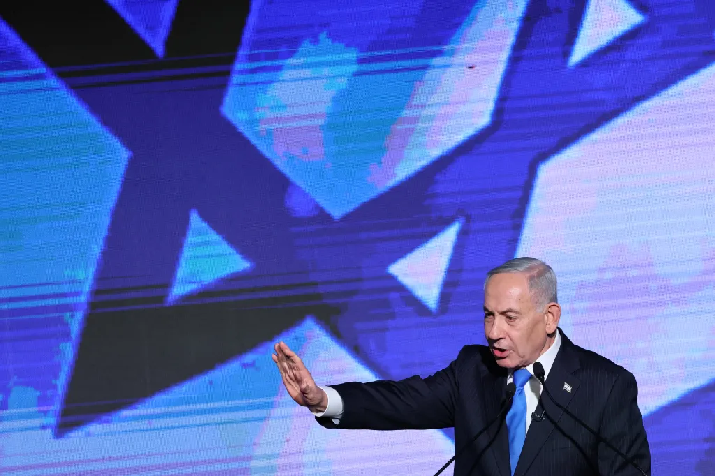 Israeli Prime Minister Benjamin Netanyahu delivers a speech during a Jewish New Year greetings event attended by members of the Likud party in Tel Aviv, on Sept. 17, 2026.