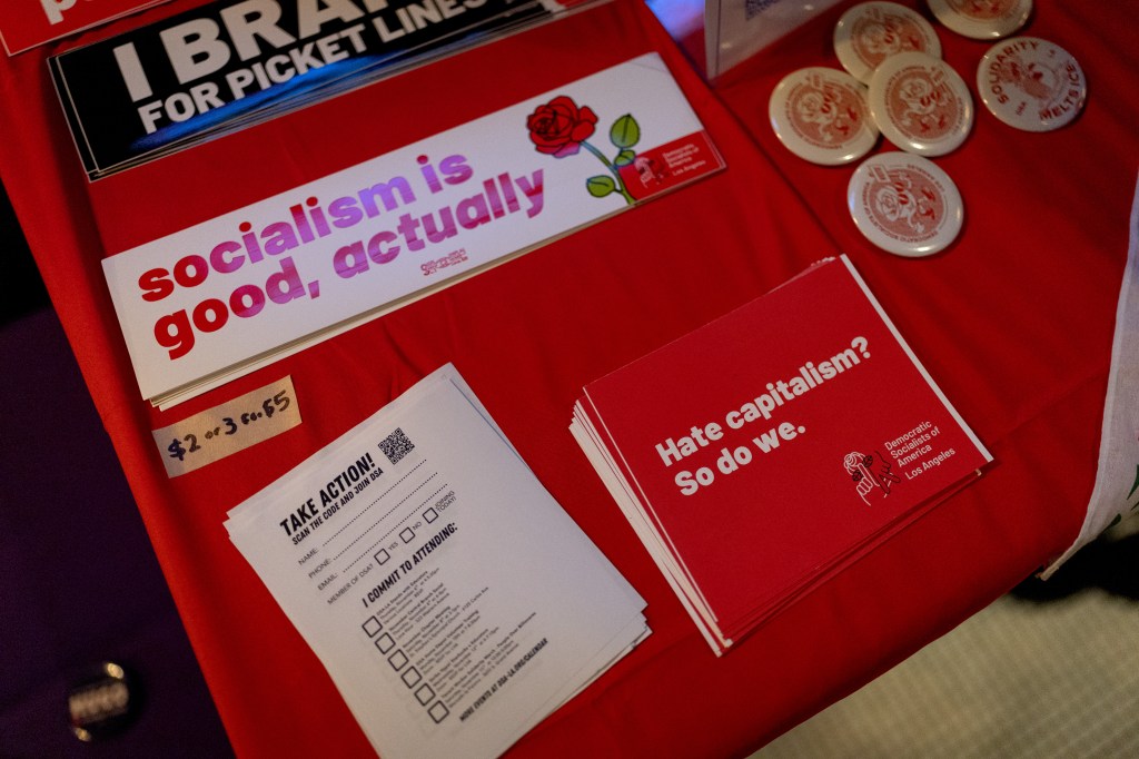 Democratic Socialists of America campaign materials on a table, including