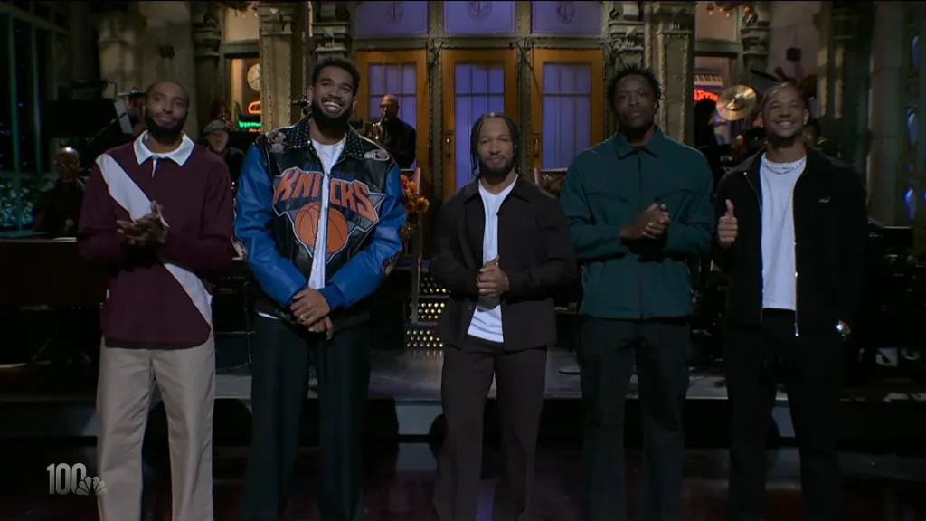 Jalen Brunson and four other men on the set of Saturday Night Live.