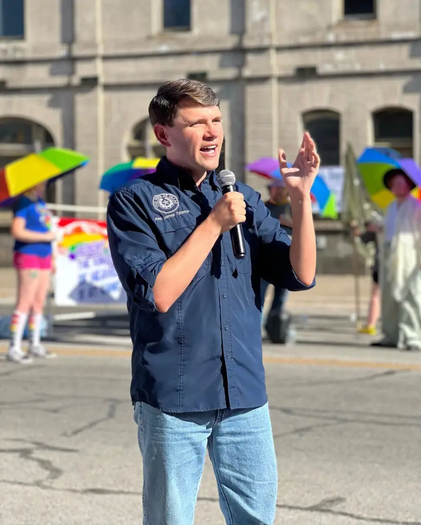 James Talarico speaks at a Pride event in Taylor, Texas.
