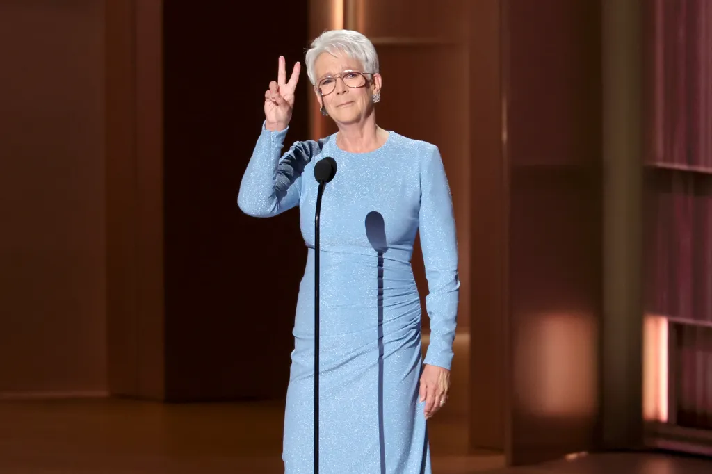 Jamie Lee Curtis speaking onstage at the 78th Primetime Emmy Awards.