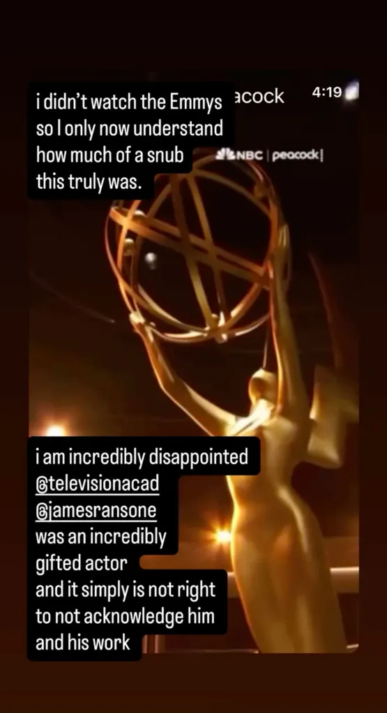 An image of the Emmy Award statue with text overlays expressing disappointment about an Emmys snub.